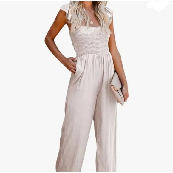 Womens Jumpsuit White Small Sleeveless Ruffled Smocked Bodice & Wide-Leg Design - Picture 1 of 10